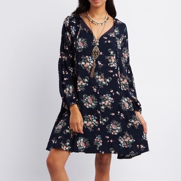 Pixie + Diamond Navy Blue Floral Print Shift Dress - Picture 1 of 8